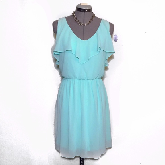BCX Dresses & Skirts - BCX Light Turquoise Blue Ruffle V Neck Dress Jr L